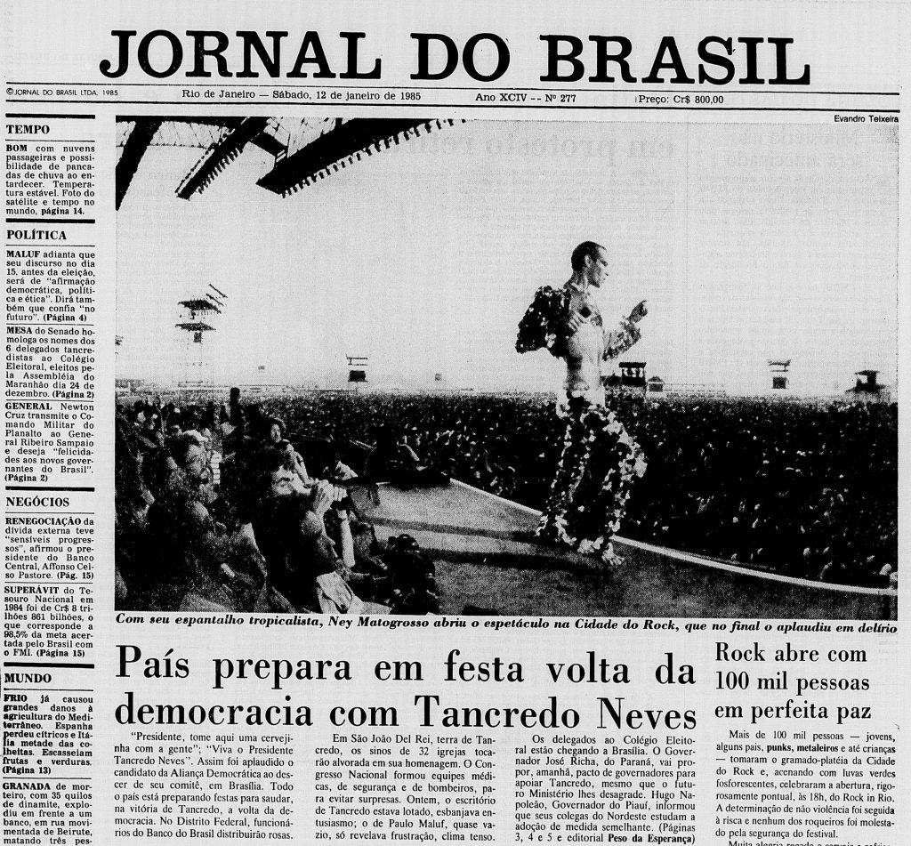 Capa do Jornal do Brasil de 12 de Janeiro de 1985 com a abertura de Ney Matogrosso e a notícia sobre a volta da democracia